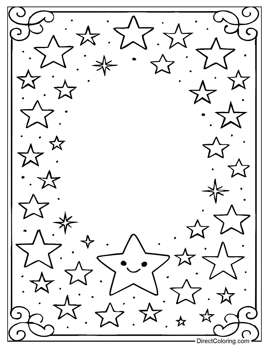 Vintage frame coloring page decorated with stars in many styles